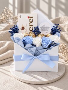 Flower box koperta biało-niebieska PODZIĘKOWANIE